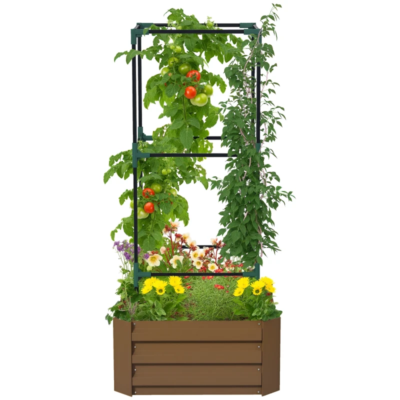 Outsunny Hochbeet mit Rankgitter Pflankasten mit Rankhilfe, offener Boden, wetterbeständig, 61 cm x 61 cm x 140 cm, Braun