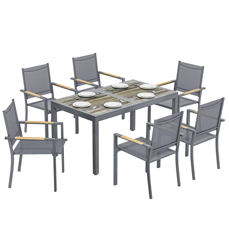 Outsunny Salon de Jardin Ensemble Mobilier de Jardin 7 Pièces Table Effet Bois 6 Chaises Empilables en Textilène 140x80x72cm Gris