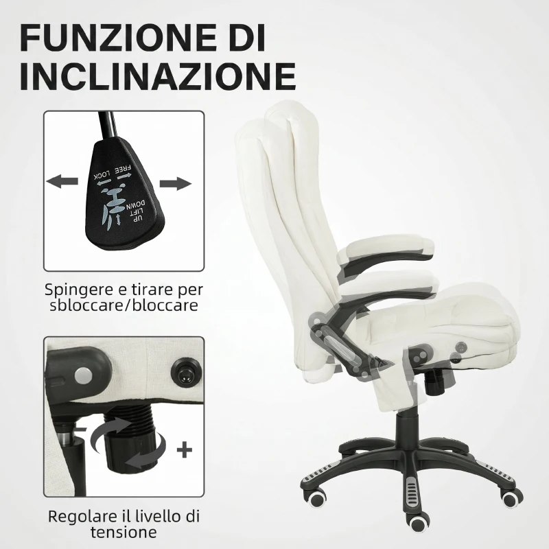 Vinsetto Sedia da Ufficio Reclinabile Massaggiante con Altezza Regolabile, Telecomando, in Tessuto Effetto Lino, Crema