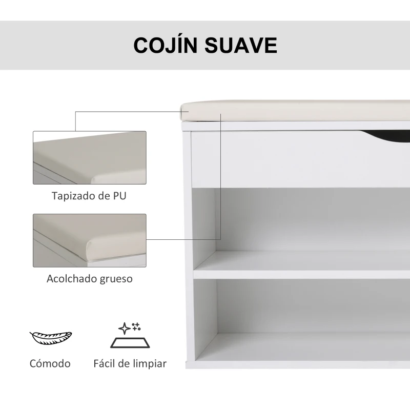 HOMCOM Banco Zapatero Mueble para Zapatos Salvaespacio con Asiento Acolchado Abatible para Entrada Madera 80x30x47 cm Blanco