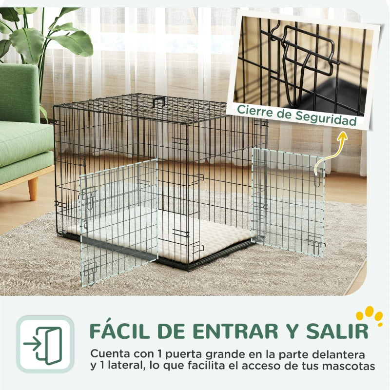 PawHut Jaula para Perros Plegable con Cojín Puertas Bandeja Extraíble y Marco de Alambre Metálico 75x48,5x53 cm Negro y Beige