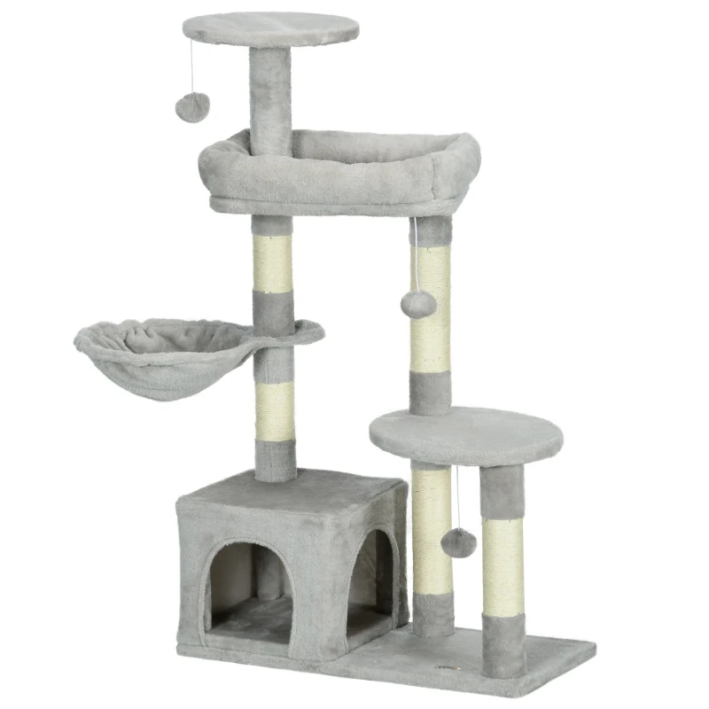 PawHut Arbre à chat hauteur 104 cm centre d'activités multi-niveaux colonnes renforcées 3 boules suspendues gris clair