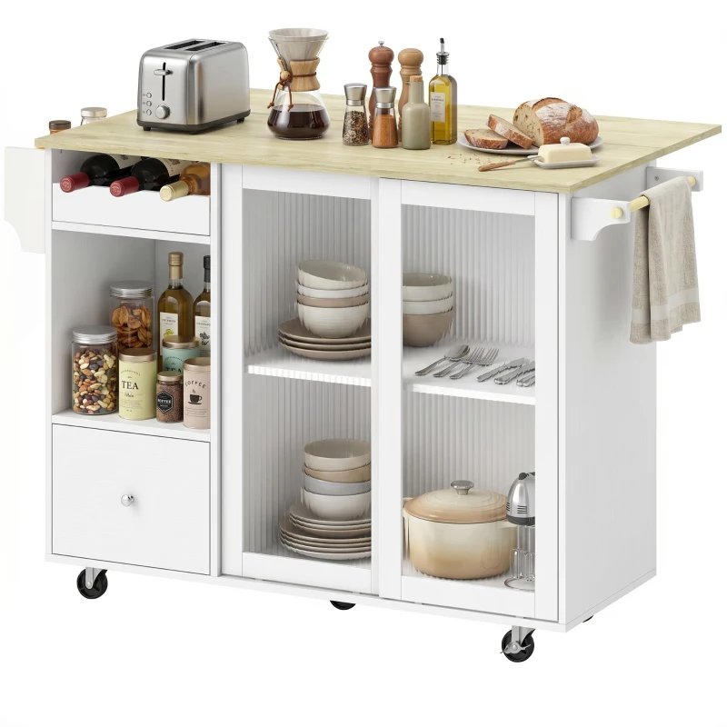 HOMCOM Isola cucina con piano ribaltabile, ruote, ante in vetro e portabottiglie