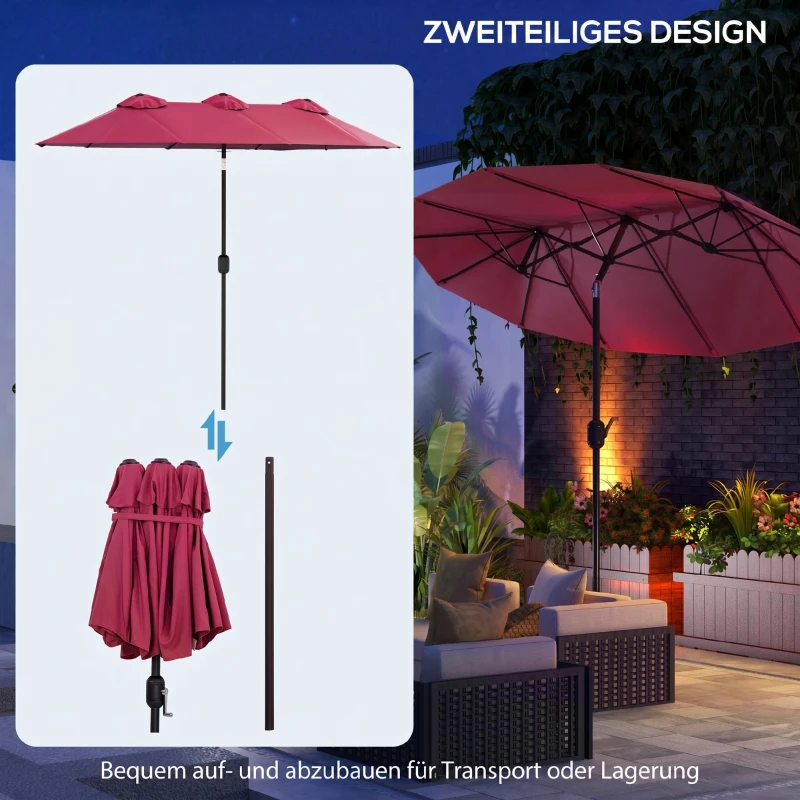Outsunny Sonnenschirm, Gartenschirm, neigbar, mit Handkurbel, Winddach, Polyester+Stahl, Weinrot, 295 x 152 cm