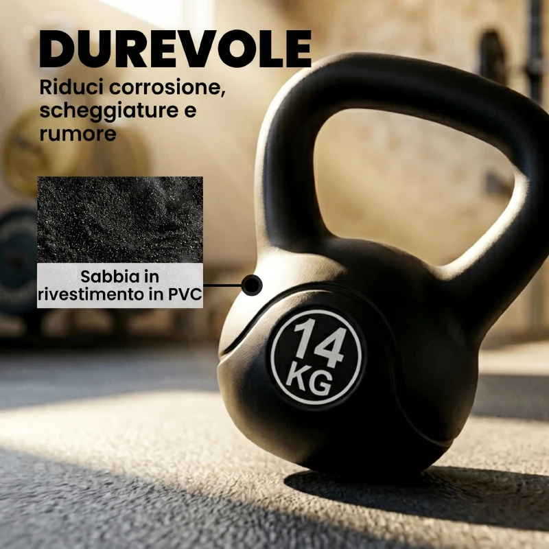 HOMCOM Kettlebell 14kg in Plastica e Sabbia con Base Piatta e Impugnatura, Nero