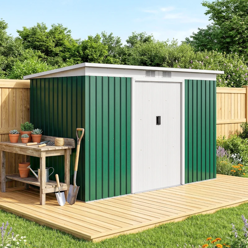 Outsunny Abri de jardin 3,6 m² 280 x 130 x 172 cm kit de fondation porte coulissante ventilations acier galvanisé vert foncé