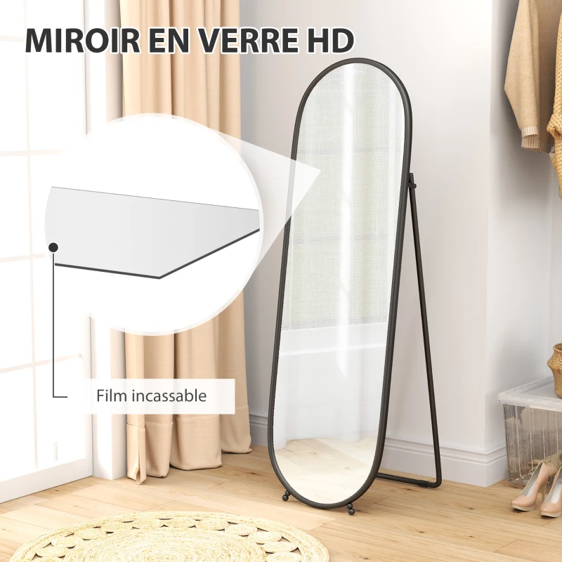 HOMCOM Grand miroir sur pied, miroir ovale, cadre en métal noir, avec support pour entrée, chambre, dressing, 40 x 160 cm