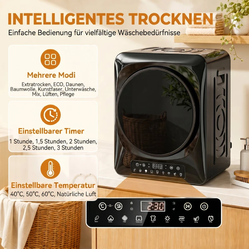 HOMCOM 1000 W Kompakt-Ablufttrockner mit Extra-Trocken & ECO-Modi, Timer- und Temperatureinstellungen, Schwarz