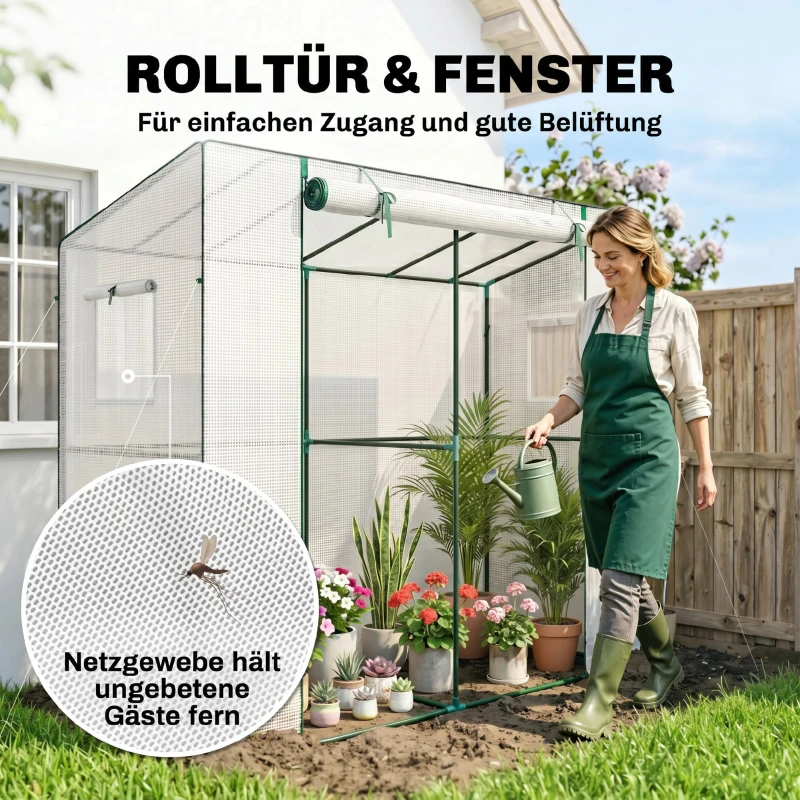 Outsunny Mini-Gewächshaus, Anlehn-Gewächshaus mit Rolltür und Netzfenstern, UV-beständig, für Blumen, Setzlinge, Pflanzen, Weiß