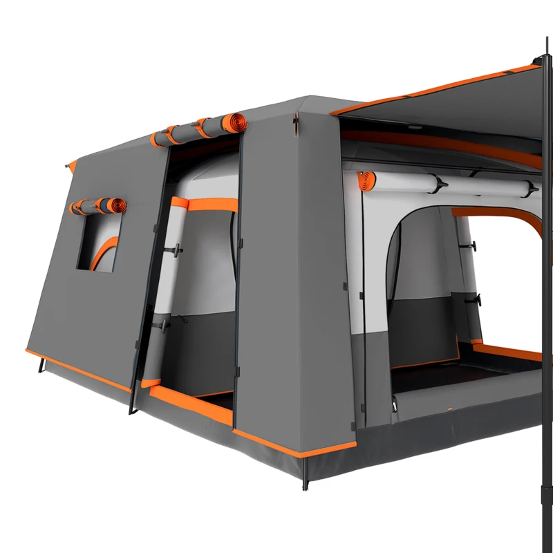 Outsunny Tente de camping familiale 4 personnes, tente tunnel, portes + fenêtres, 4,3 x 3 x 1,95 m, gris foncé