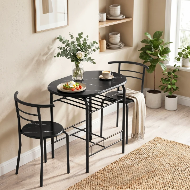 HOMCOM Conjunto de Comedor 3 Piezas Mesa de Cocina y Sillas para 2 Personas con Estante Salón Efecto Mármol Negro