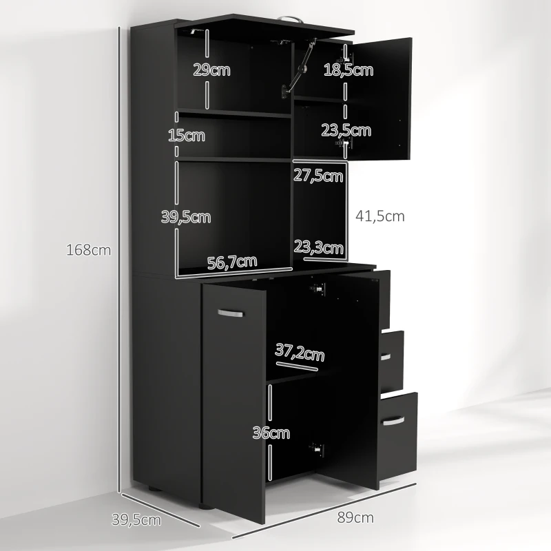 HOMCOM Armoire de cuisine multi-rangements 4 portes 3 tiroirs étagère + grand plateau 89L x 39,5l x 168H cm noir