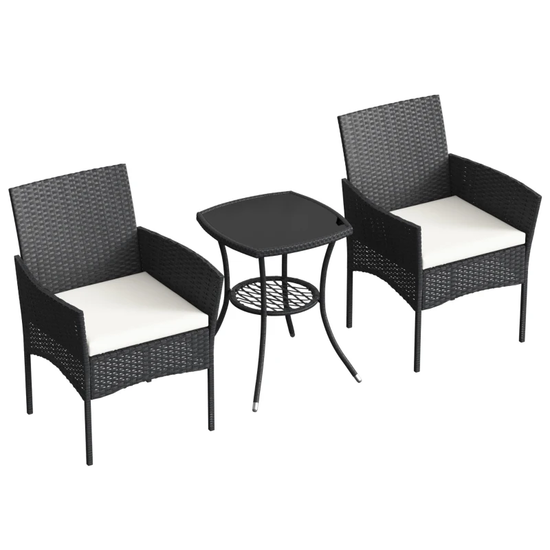 Outsunny 3 Piece Rattan Bistro Set, PE Wicker Garden Furniture Conversation Set with 2 Tier Glass-Top Table, Chairs, Cream White