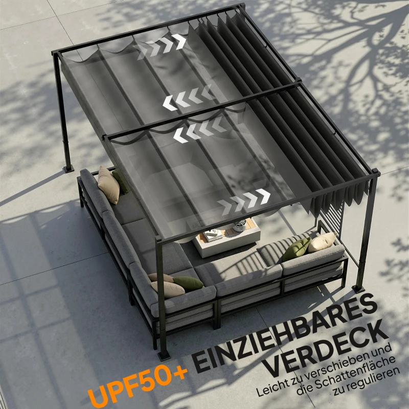 Outsunny Pergola 3,87 x 2,97 m Terrassenüberdachung mit Schiebedach, 2 Sichtschutz, UV 50+ Dunkelgrau