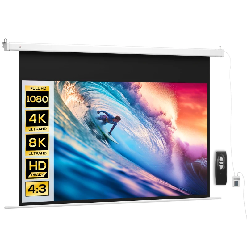 HOMCOM Pantalla de Proyector 293x193 cm 16:9 Hd 4K Pantalla de Proyección Eléctrica con Mando a Distancia Blanco