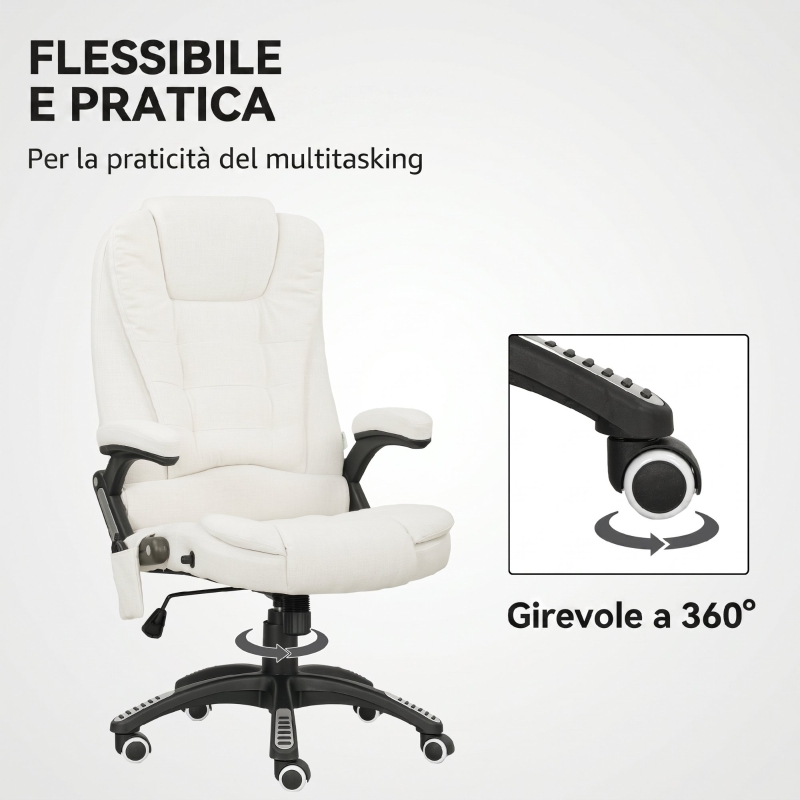 Vinsetto Sedia da Ufficio Reclinabile Massaggiante con Altezza Regolabile, Telecomando, in Tessuto Effetto Lino, Crema