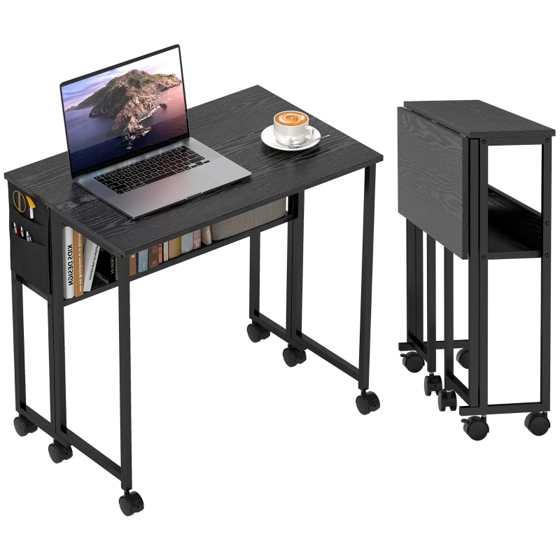 HOMCOM Bureau pliable sur roulettes 80 x 50 cm avec étagère et sac de rangement, noir