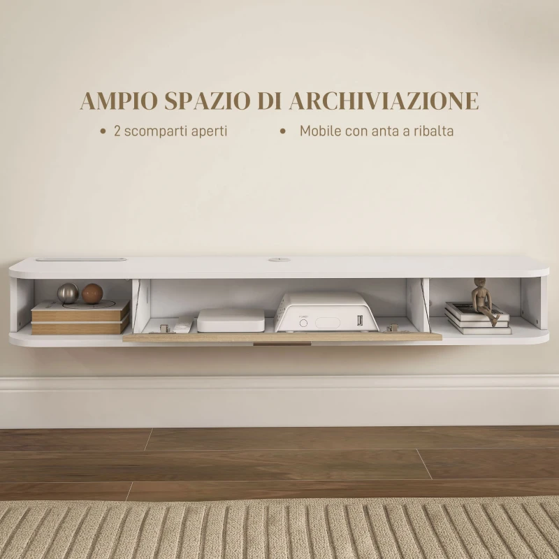 HOMCOM Mobile TV Sospeso in Legno con 2 Ripiani Aperti e Armadietto, 120x26x16 cm, Bianco e Rovere