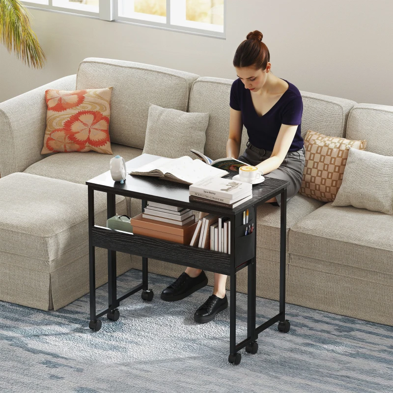 HOMCOM Bureau pliable sur roulettes 80 x 50 cm avec étagère et sac de rangement, noir