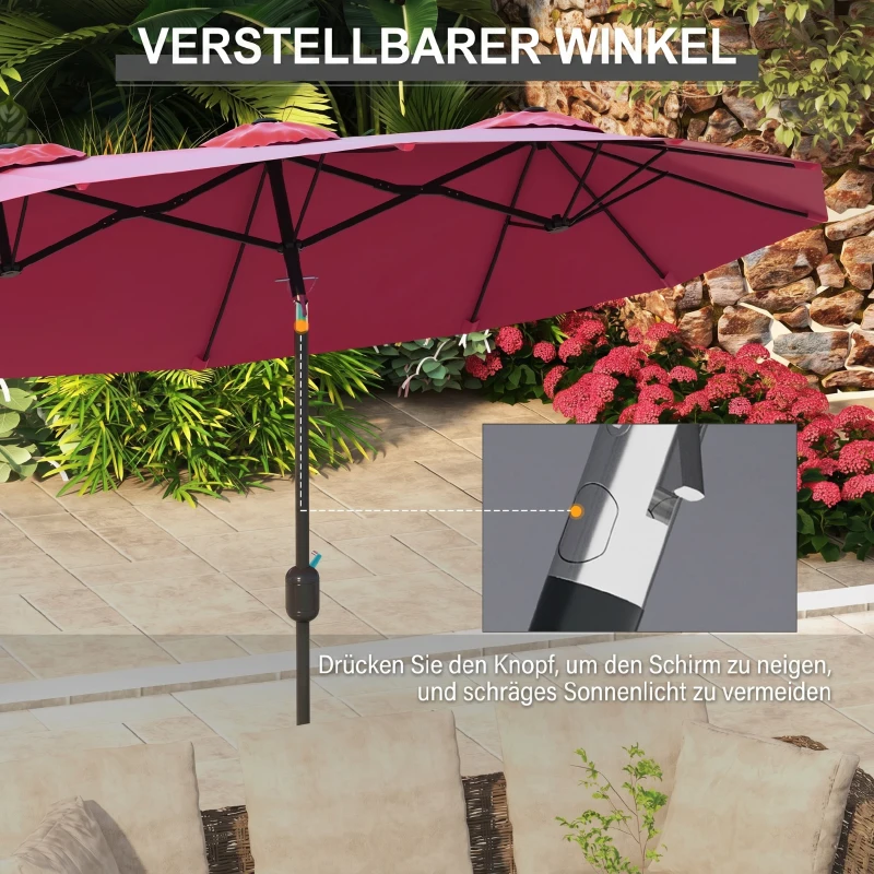 Outsunny Sonnenschirm, Gartenschirm, neigbar, mit Handkurbel, Winddach, Polyester+Stahl, Weinrot, 295 x 152 cm