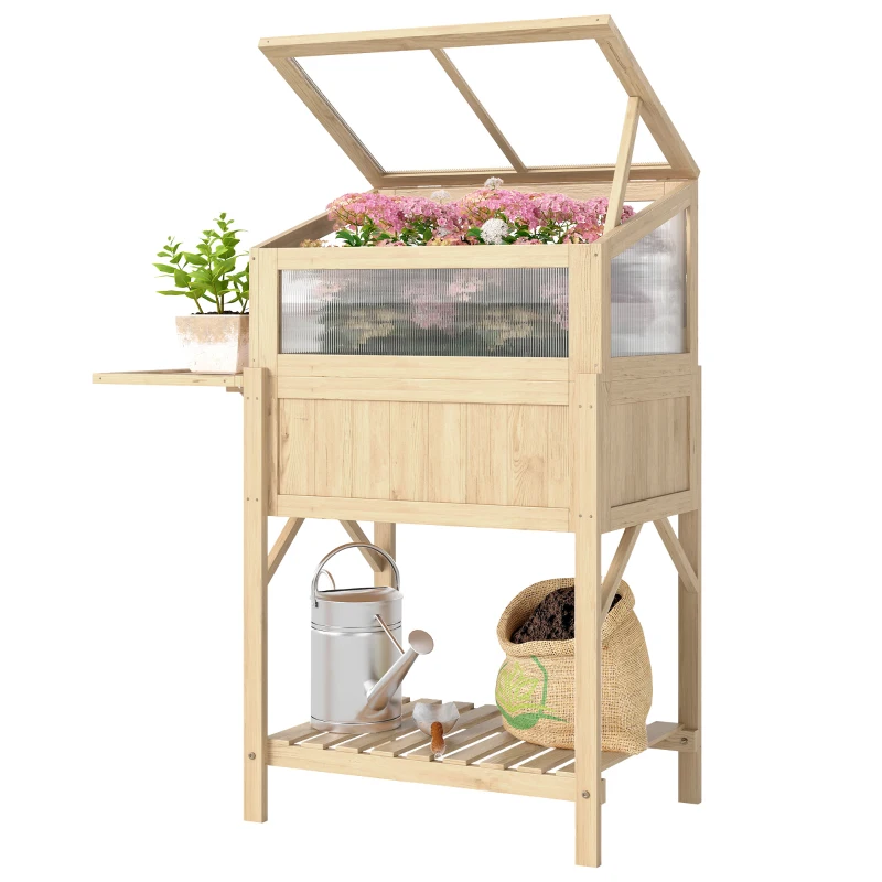 Outsunny Hochbeet mit Frühbeetaufsatz aus Holz Pflanzkasten mit Gewächshaus klappbar Seitentisch Ablagefach Naturholz