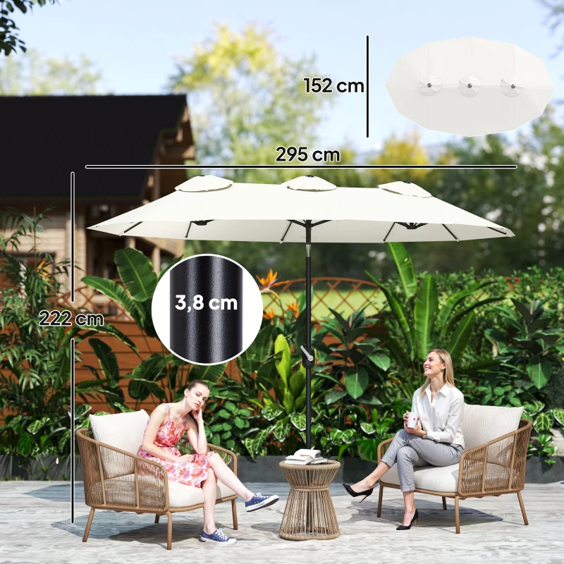 Outsunny Sonnenschirm, Gartenschirm, neigbar, mit Handkurbel, Winddach, Polyester+Stahl, Cremeweiß, 295 x 152 cm