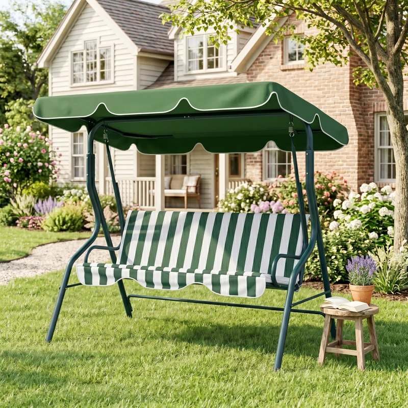 Outsunny Balancelle de Jardin 3 Places Toit imperméabilisé Inclinaison réglable Coussins Assise Dossier Vert Blanc rayé