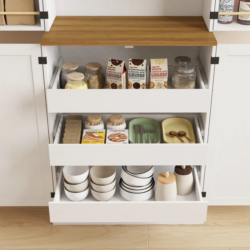 HOMCOM Aparador Alto de Cocina Armario de Cocina con 4 Puertas 3 Cajones 8 Especieros y Estantes Regulables 76 x 40 x 182 cm Blanco