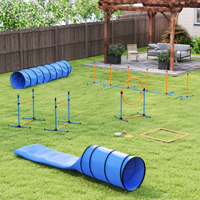PawHut Ensemble d'Agilité pour Chien 11 Pièces, Parcours d'Obstacle avec 2 Tunnels, Sauts Ajustables, Orange et Bleu