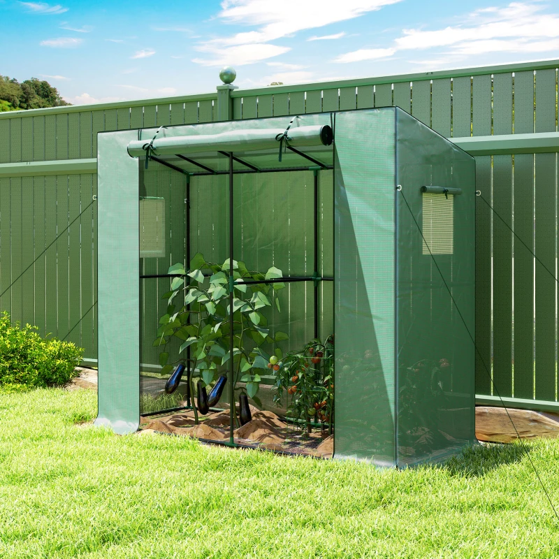 Outsunny Mini-Gewächshaus, Anlehn-Gewächshaus mit Rolltür und Netzfenstern, UV-beständig, für Blumen, Setzlinge, Pflanzen, Grün