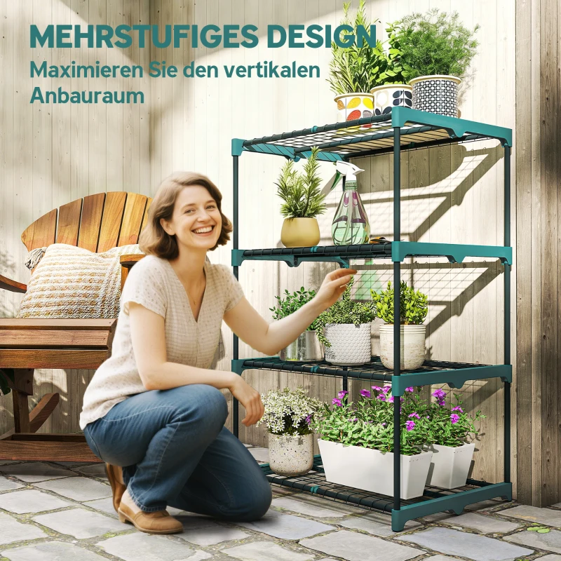 Outsunny 4-Etagen Pflanzenständer, 105 cm hoch Blumenständer für Innen Außen, Pflanzenregal aus Stahl Dunkelgrün