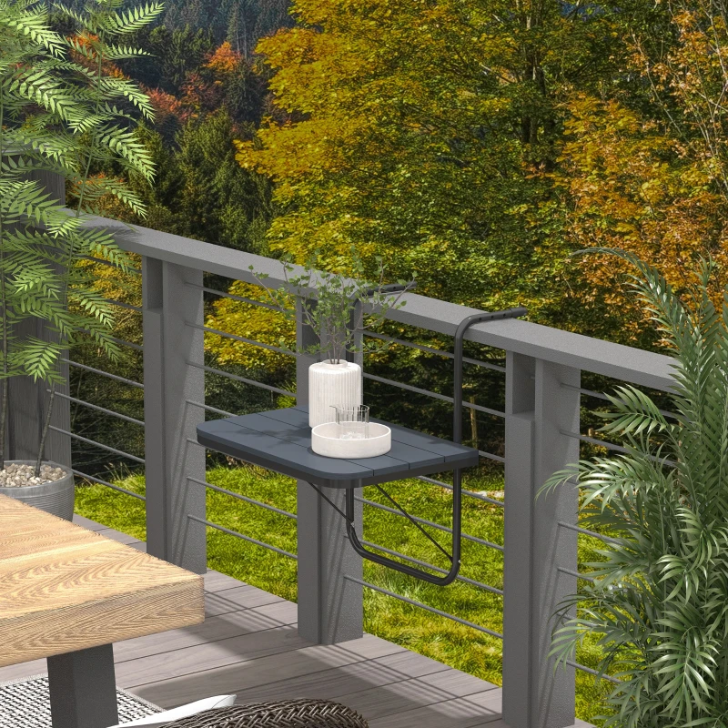 Outsunny Balkon-Hängetisch, klappbar, höhenverstellbar, Alumiumrahmen, Kunststoff-Tischplatte, Holzoptik, Schwarz