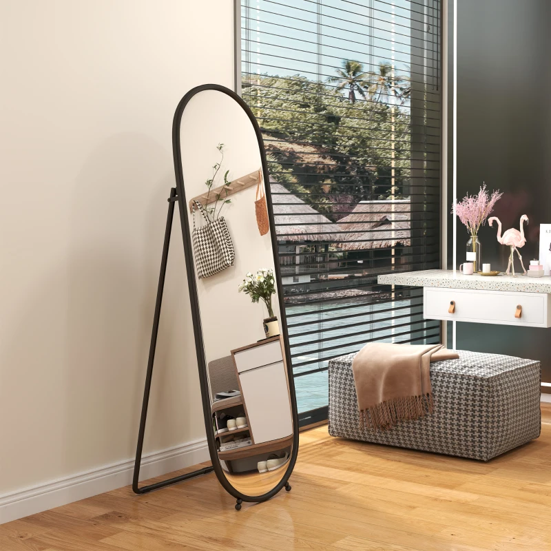 HOMCOM Grand miroir sur pied, miroir ovale, cadre en métal noir, avec support pour entrée, chambre, dressing, 40 x 160 cm
