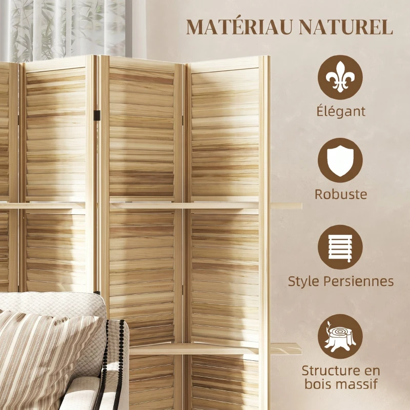 HOMCOM Paravent intérieur en bois 4 panneaux 160 x 170 cm, séparateur de pièce pliable 3 étagères, bois naturel effet brûlé