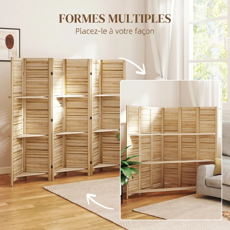 HOMCOM Paravent intérieur en bois 4 panneaux 160 x 170 cm, séparateur de pièce pliable 3 étagères, bois naturel effet brûlé