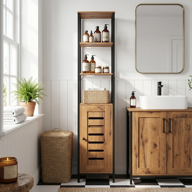 kleankin Mobile Bagno Alto Stretto, Mobiletto Bagno Salvaspazio con Ante Soft Close a Persiana, 3 Ripiani Aperti, Ripiani Regolabili, Marrone Rustico