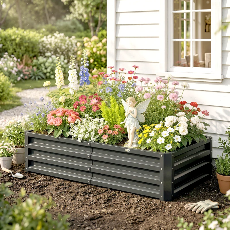 Outsunny Carré potager de jardin rectangulaire tôle d'acier ondulée 120 x 60 x 30,5 cm gris
