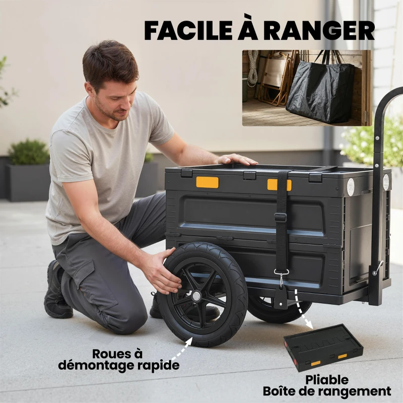 SPORTNOW Remorque Vélo Cargo Chariot de Transport Pliable Caisse Plastique 65L Couvercle Dégagement Rapide 145x51,5x72cm Noir