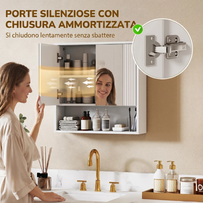 HOMCOM Armadietto Bagno Parete, Mobiletto Ante Soft-close, Ripiano Regolabile