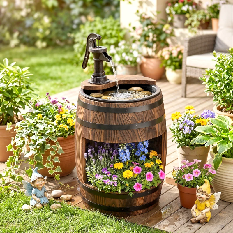 Outsunny Gartenbrunnen Zierbrunnen Springbrunnen Fassbrunnen Wasserfall Holzfass mit Pflanzgefäß Tannenholz Dunkelbraun Ø27 x 59 cm