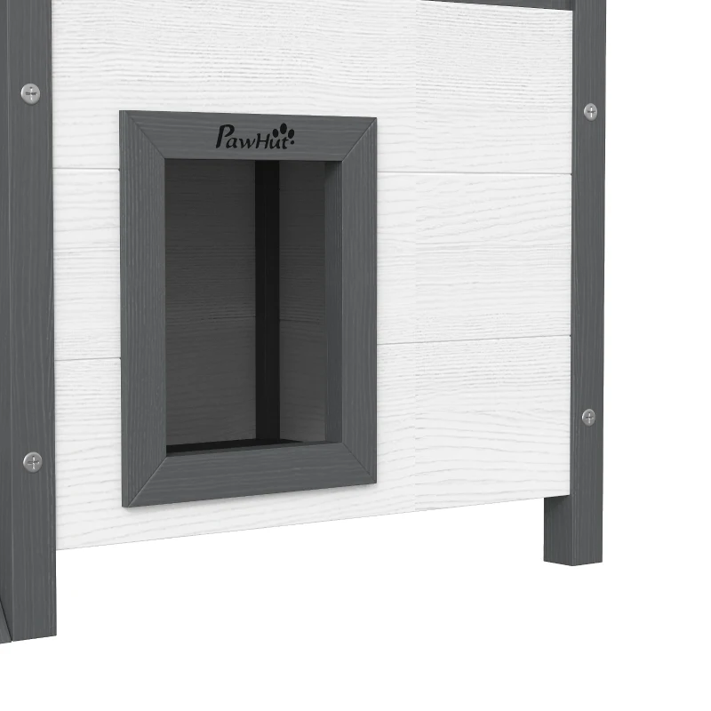 PawHut Cabane Chat Extérieur avec Terrasse, Escalier, Toit, Niche Villa, 77 x 50 x 73 cm Blanc et Rouge