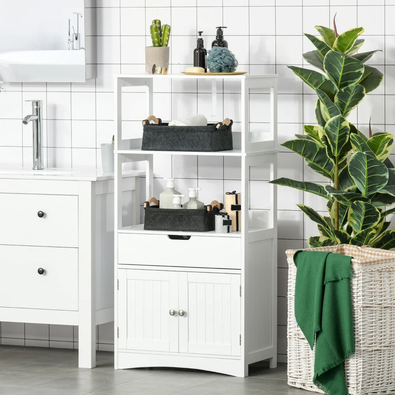 kleankin Meuble de Rangement Salle de Bain - 2 Portes, tiroir, 3 étagères - dim. 60L x 33l x 122H cm - MDF Blanc
