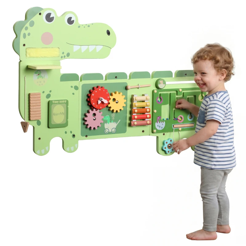 AIYAPLAY Placă Montessori motorică din lemn - Busy Board Dinozauri, montată pe perete, cu xilofon, ceas, roți dințate și bare sonore