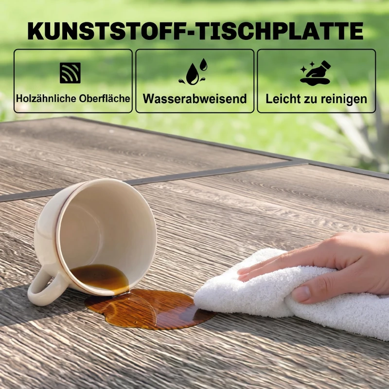 Outsunny Outdoor Tisch für 6 Personen, Holzoptik, Metallrahmen, wetterfest, 145 x 85 x 72 cm, Grau
