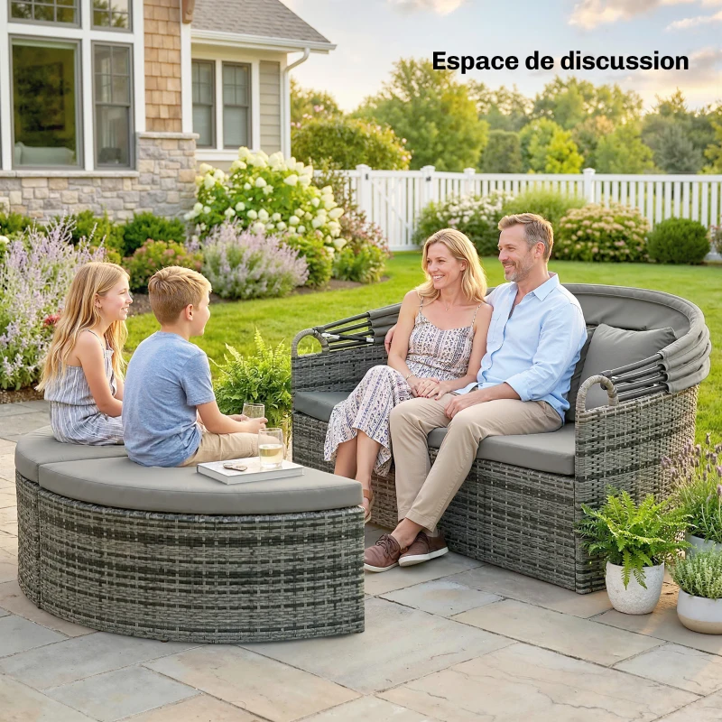 Outsunny Bain de soleil rond, lit de jardin extérieur modulable 3 PSC en résine tressée avec auvent rétractable, gris clair