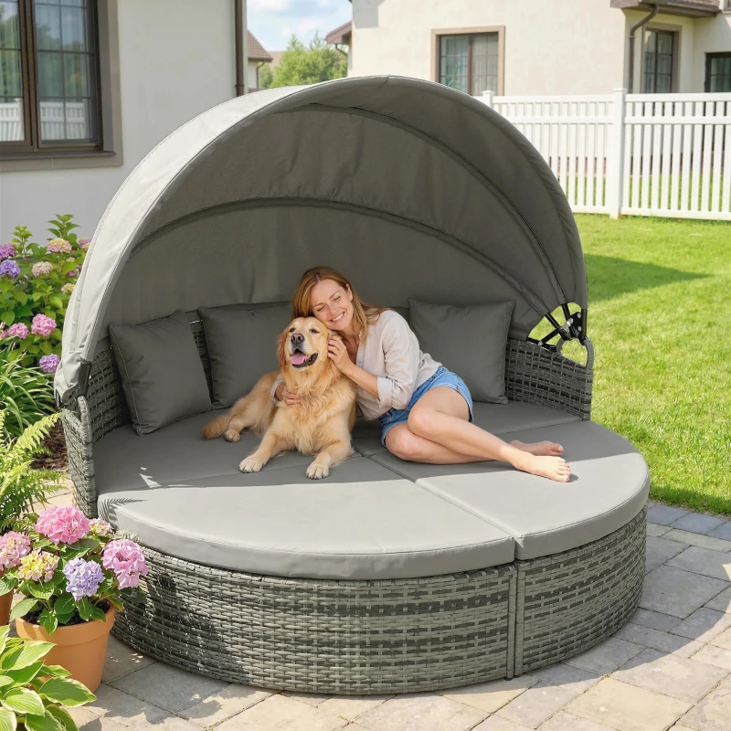 Outsunny Bain de soleil rond, lit de jardin extérieur modulable 3 PSC en résine tressée avec auvent rétractable, gris clair