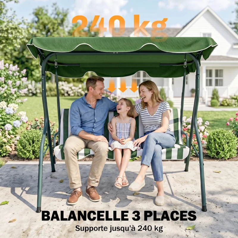 Outsunny Balancelle de Jardin 3 Places Toit imperméabilisé Inclinaison réglable Coussins Assise Dossier Vert Blanc rayé