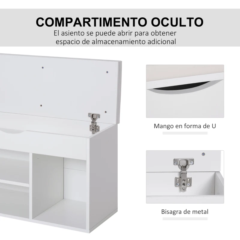 HOMCOM Banco Zapatero Mueble para Zapatos Salvaespacio con Asiento Acolchado Abatible para Entrada Madera 80x30x47 cm Blanco