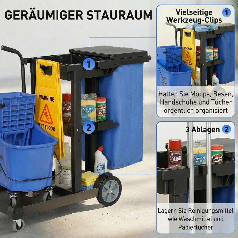 HOMCOM Reinigungskarre, Rollender Putzwagen mit 3 Ablagen, 70-Liter-Müllsack, Mop-Wringer-Eimer, Blau
