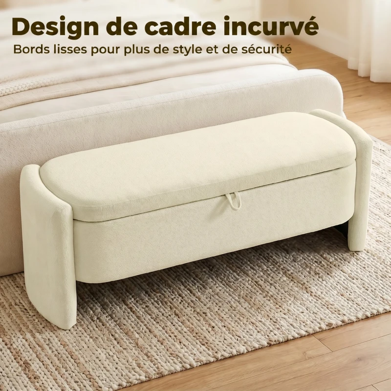 HOMCOM Banc Bout de Lit Banquette, 118x42x45cm, Banc de Rangement Rembourré en Tissu Bouclé, Pieds en Bois d'Eucalyptus, Crème